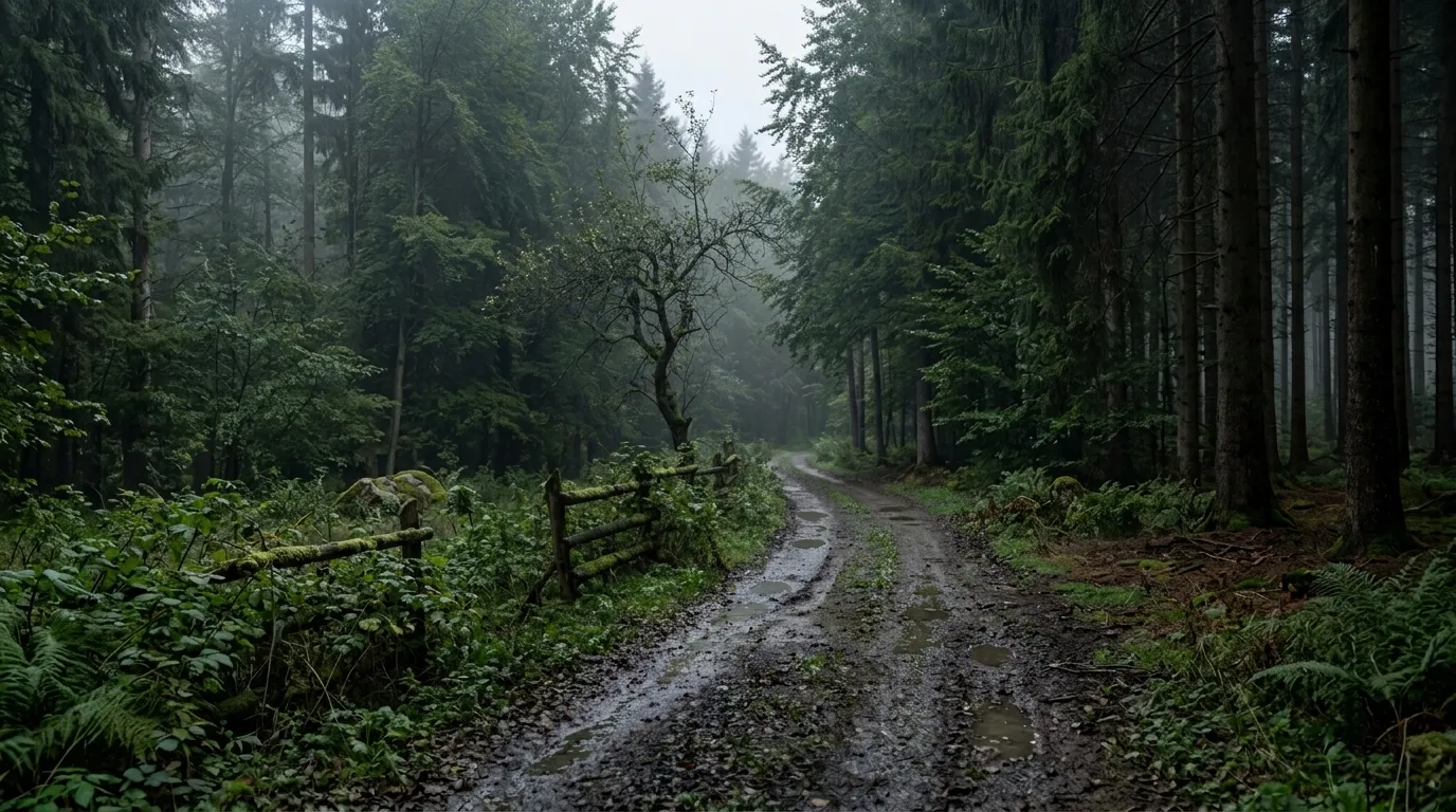An empty wet forest road curving into the trees, no one on it.