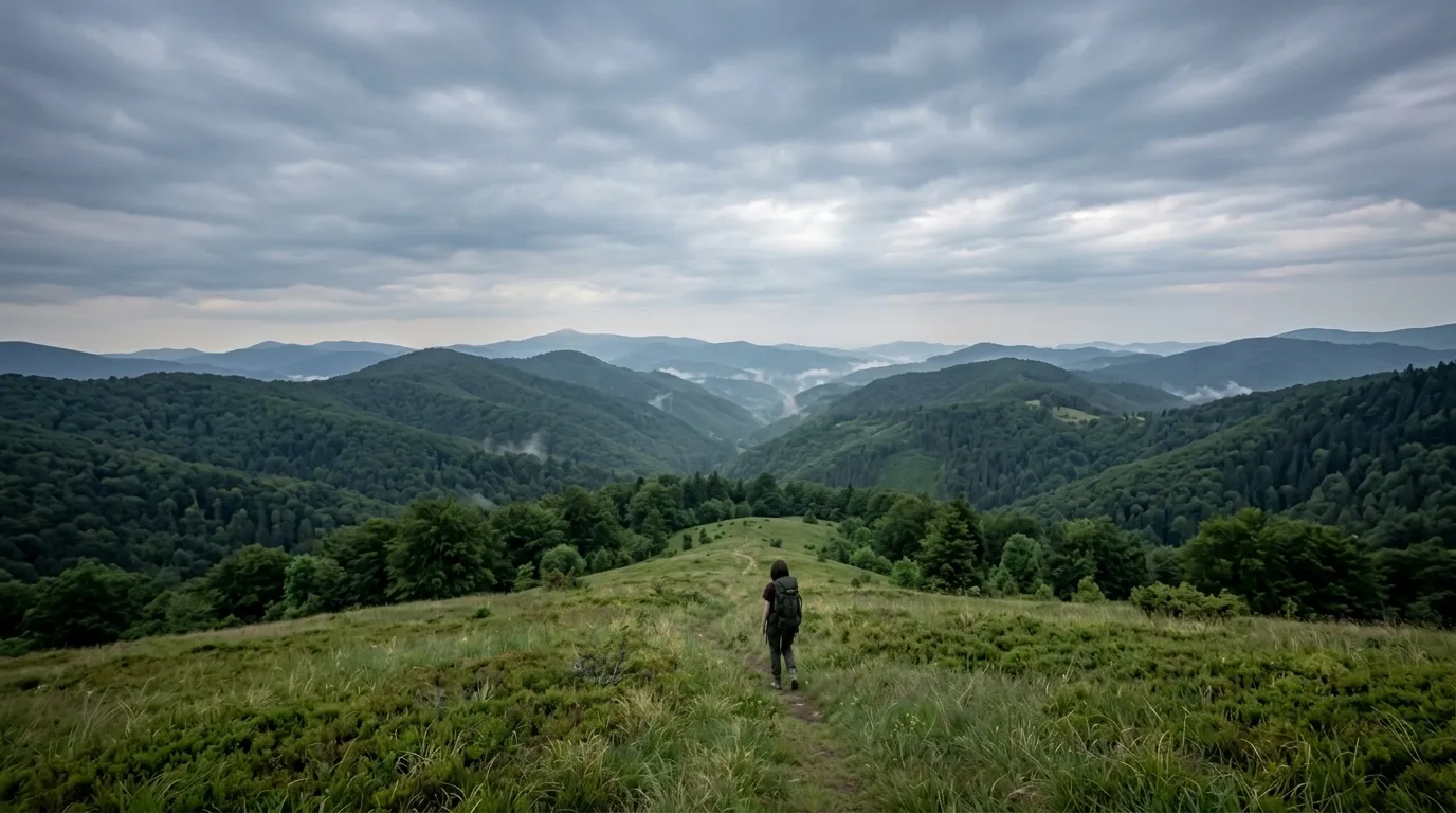 Anna, a small figure with a backpack, walks a grass path along a ridgeline into a vast layered valley of forested Carpathian mountains under an overcast sky.