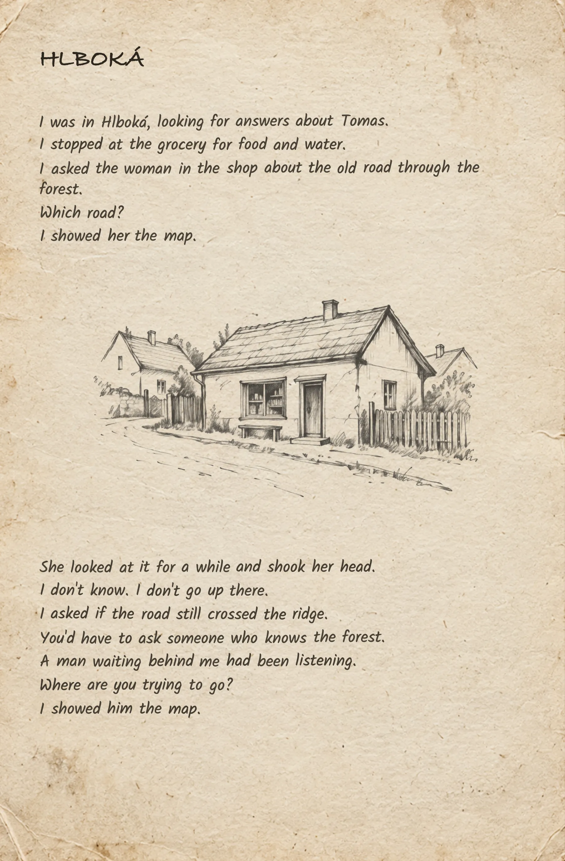 A handwritten journal page titled Hlboká, describing an inquiry at a village grocery about an old forest road, beside a pencil sketch of a village house.