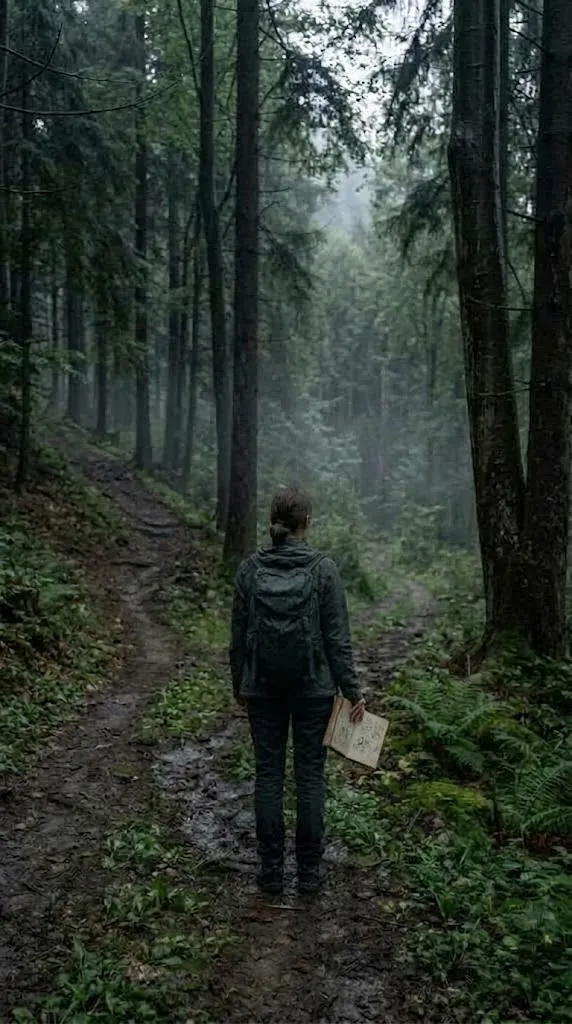 Anna stands at a fork in a misty forest path, holding a journal open in one hand.
