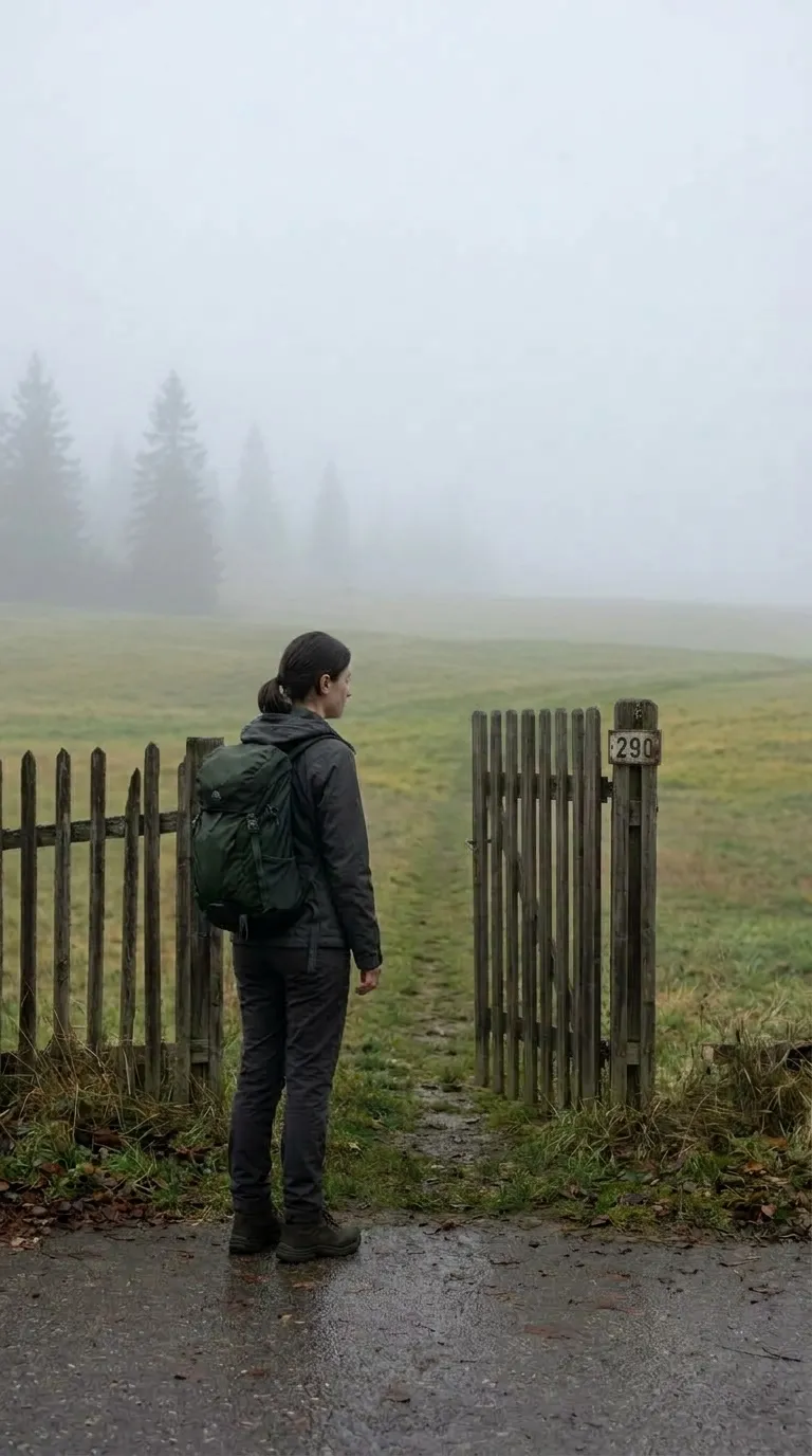 Anna stands before a wooden gate marked 290, looking out over a foggy field.