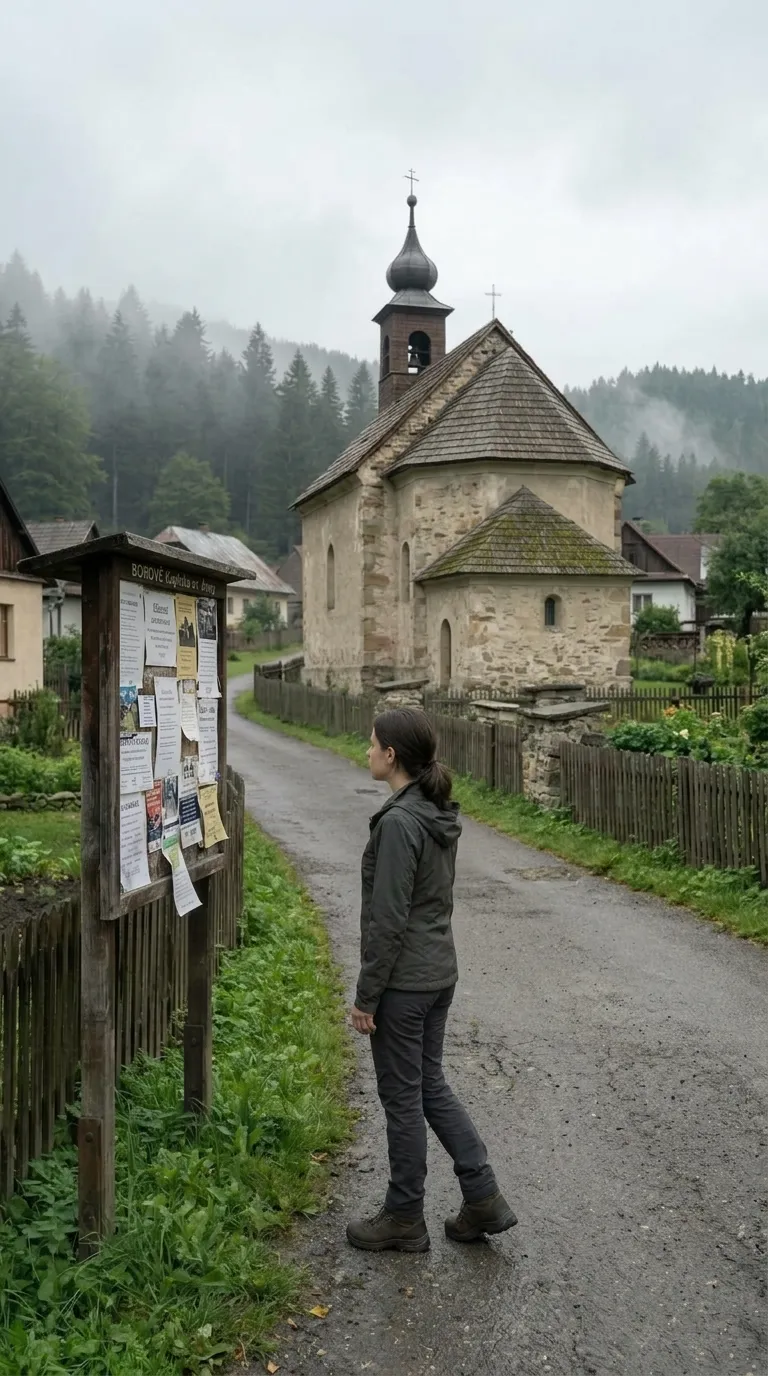 Anna reads a village noticeboard in Borové, a small stone chapel standing behind her.