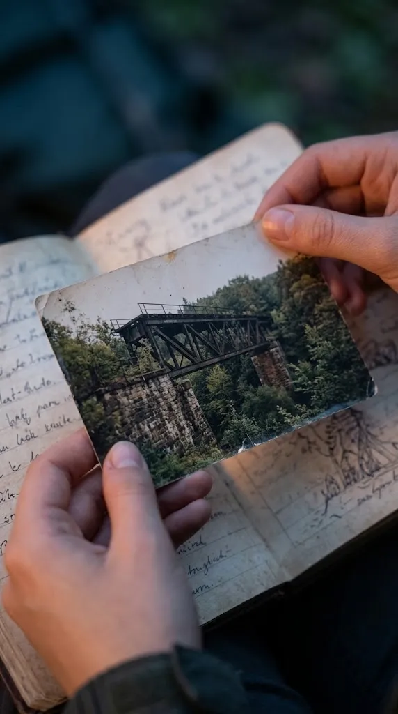Anna's hands holding a faded photograph of an abandoned railway bridge over an open page of her father's journal.